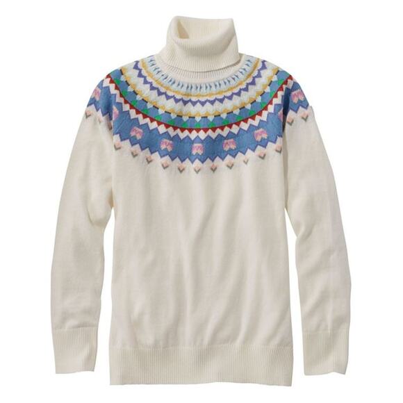 L.L. Bean Cotton/Cashmere Turtleneck Fair Isle Sweater White Women's Size Small - Picture 1 of 9